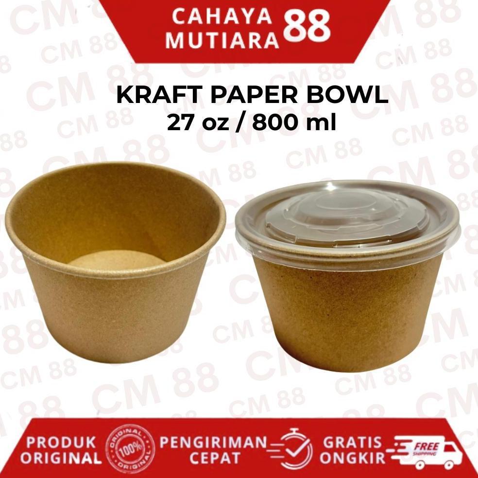 Paper Bowl Kraft/Mangkok Kertas Coklat Dengan Tutup Ekonomis 27 oz/800 ml Isi 25 Pcs (Pak)
