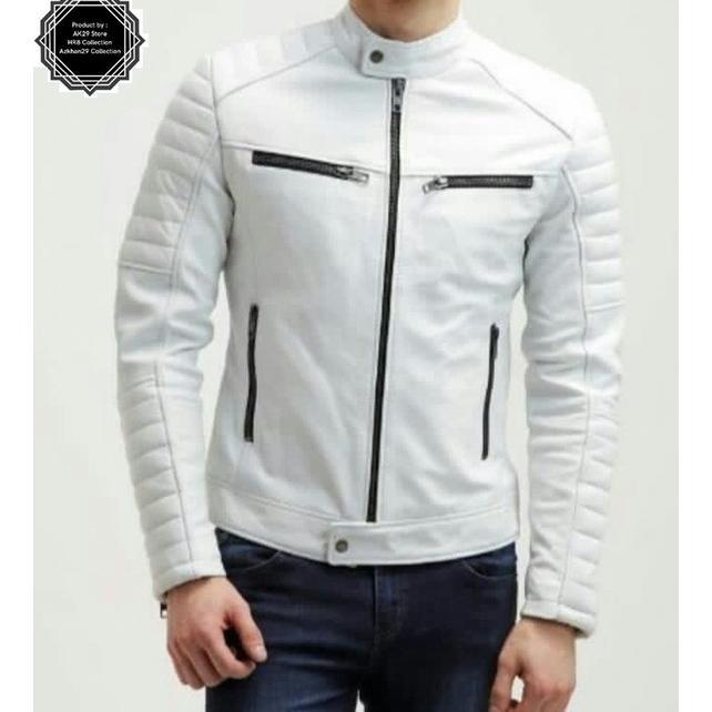 Jaket Motor Pria Kulit Sintetis Putih Keren/Jaket Motor/Fashion Pria