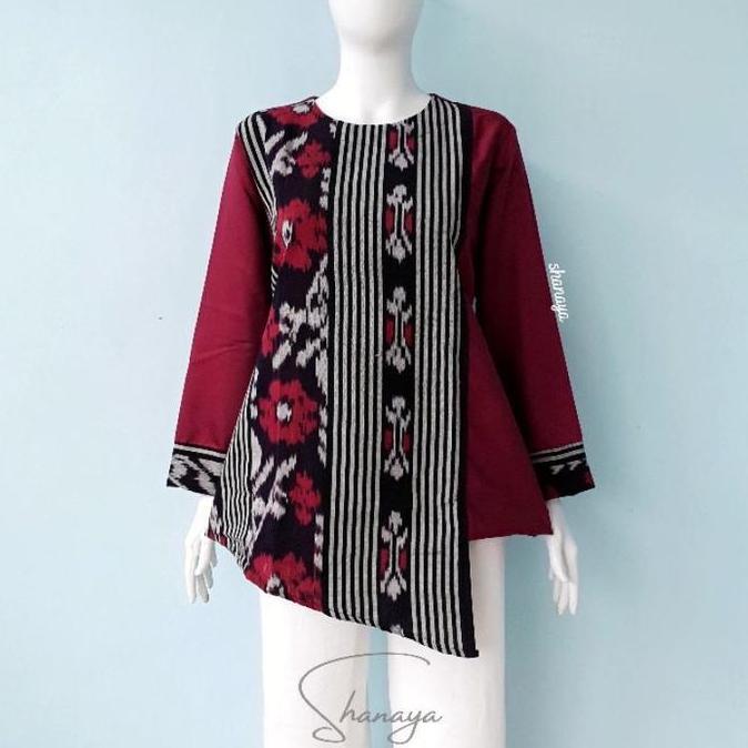 Shanaya Baju Batik Wanita Blus Marun Navy Tenun Belakang Toyobo Batik Kerja Batik Kuliah Resmi Kasua