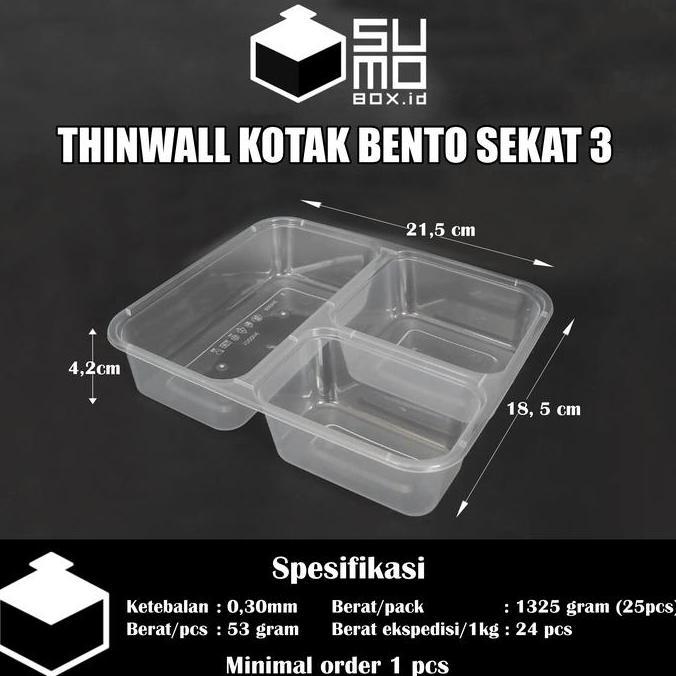 Bento 3 Sekat + Tutup / Thinwall Bento Sekat / Box Kotak Nasi Plastik