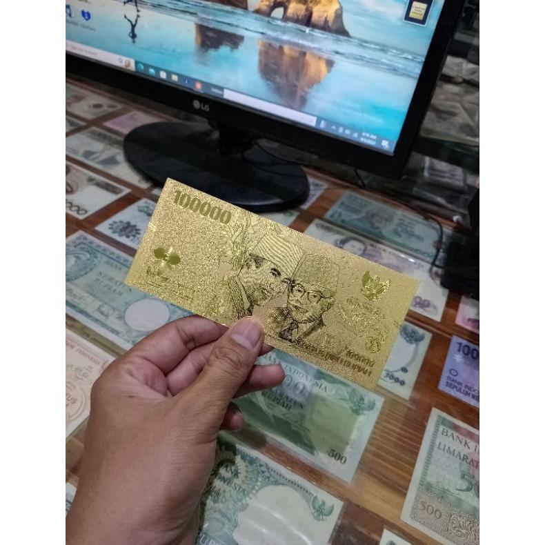 Dindaseller6 - Uang Replika 100000 Rupiah Gold Foil Soekarno Hatta Koleksi Eksklusif