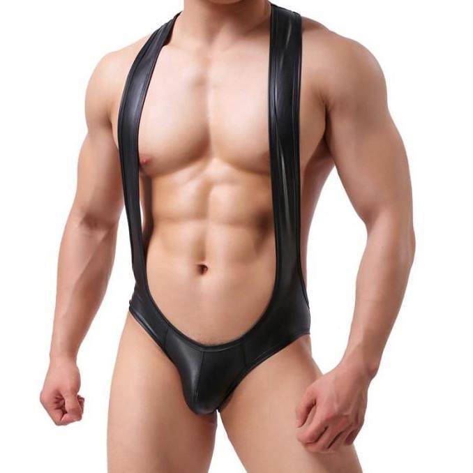 Sexy Men Bodysuits Pu Leather Wrestling Singlet Open Butt Bikini Murah