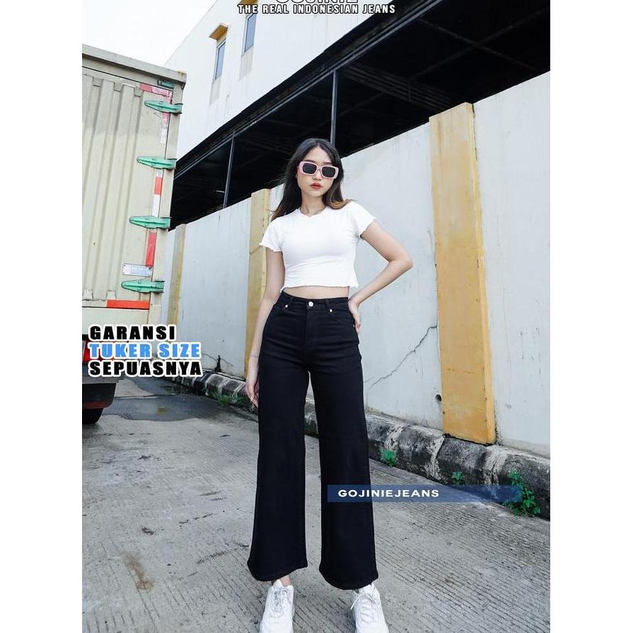 Gojiniejeans - Celana Highwaist Kulot Jeans 7/9 Hitam - 8116 - Cullotes Comfort Melar Nyaman Soft Wa