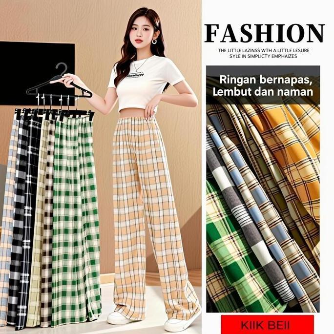 DE163 - Fashion Oreo Celana Kulot Tartan High Waist Wanita - Bahan Katun Linen Sejuk & Nyaman, Model