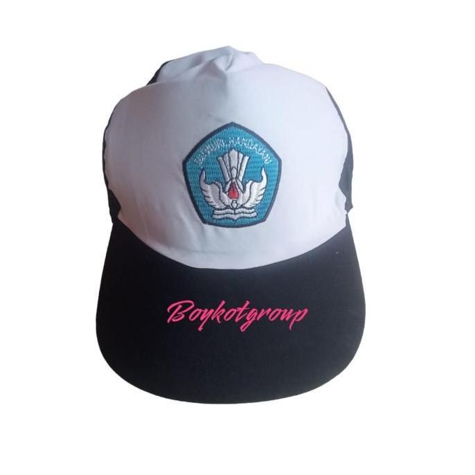 topi smp biru putih bordir biru bahan drill tebal