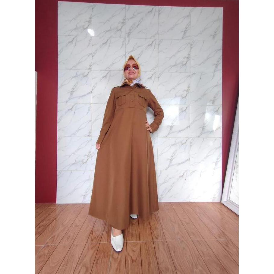 Sofi 21 -Gamis  Kantong dua /Baju Buat Guru Warna Khaki/Pakaian kerja &Seragam Cokelat Katun premium