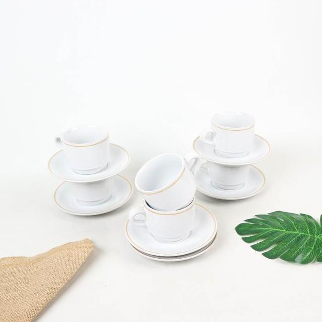 Cangkir Keramik Garis Emas 6 Pcs Set Dengan Tatakan 3 Pilihan Warna Elegan Putih Hitam Food Grade Be