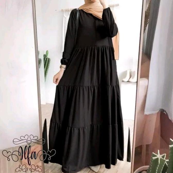 Gamis Susun Polos Syar'i Bahan Katun Rayon Premium Maksi Dress Setandar Jumbo Hitam Navy Putih Cokel