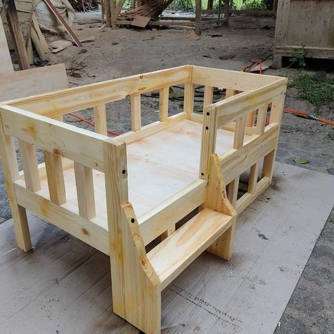 Ranjang dipan anjing dan kucing kayu natural ranjang tempat tidur