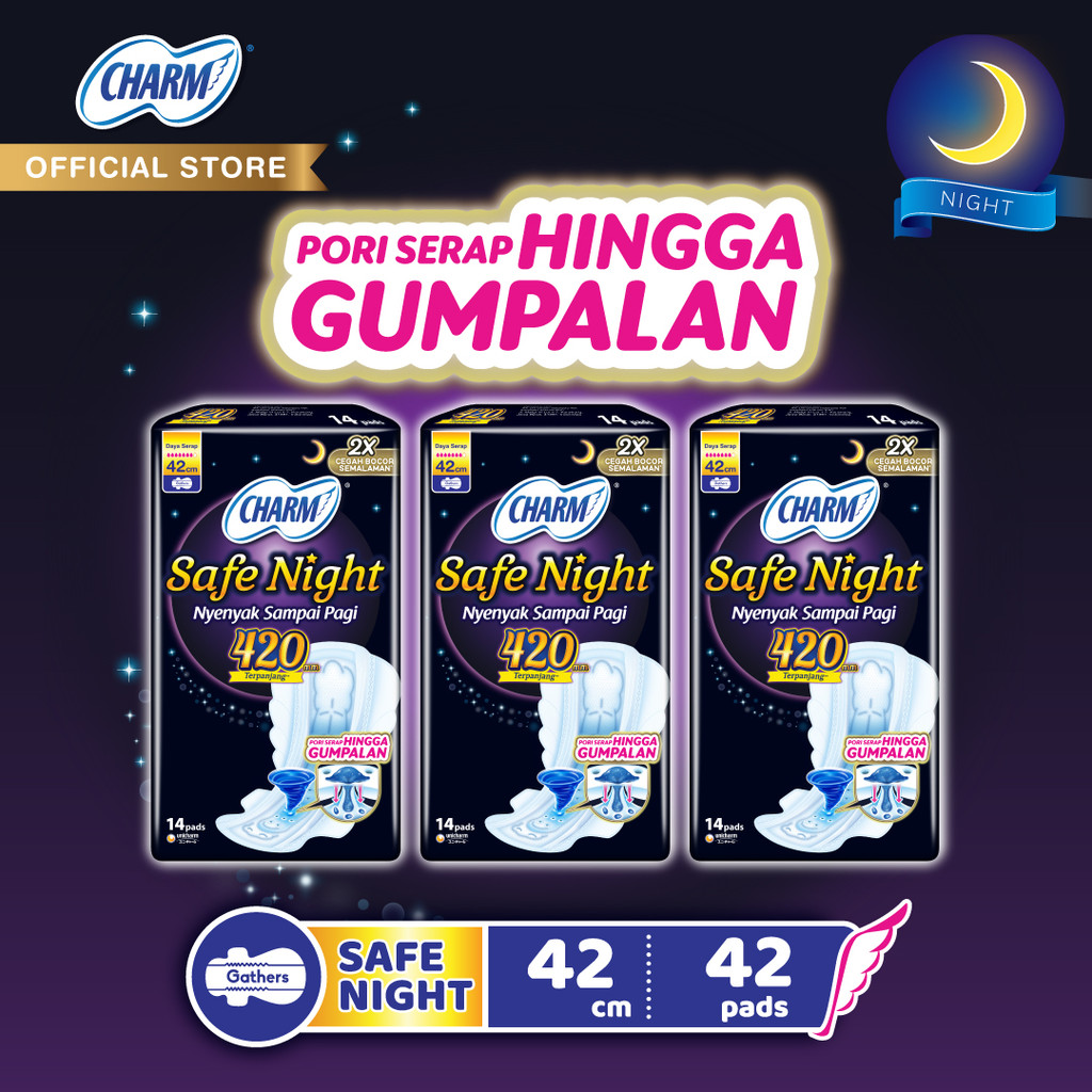 Charm Pembalut Safe Night 42cm Gather 14 pads - 3 packs
