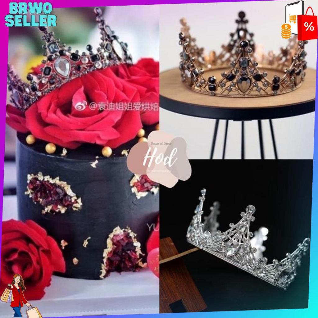 Unik Topper Bold Crown Black Silver Dark Gold Hiasan Birthday Cake Tiara Hitam Mahkota Kristal Warna