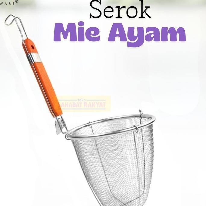 Serok Mie Ayam Saringan Mie Stainless Gagang Kayu 36cm