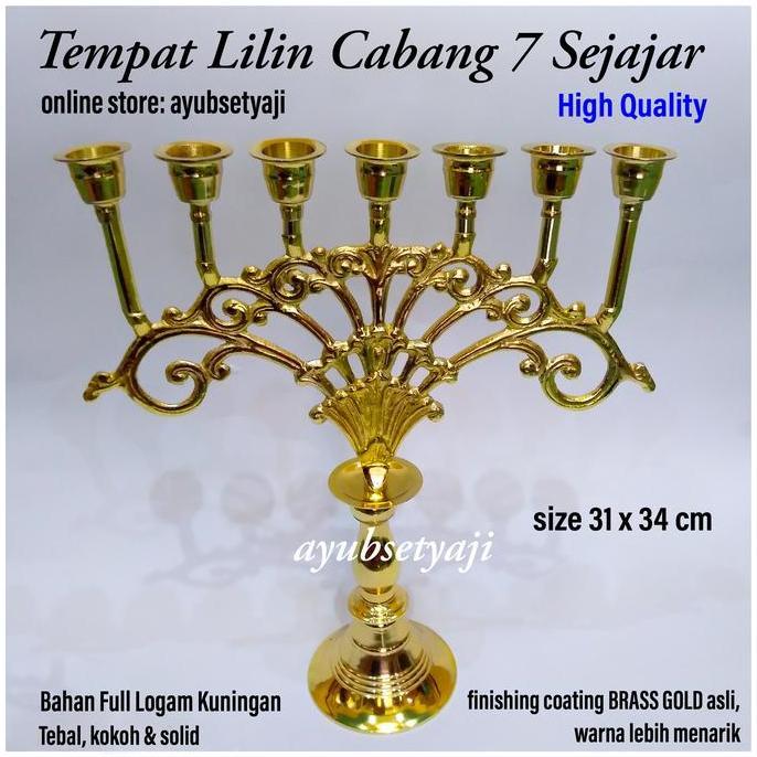 Tempat Lilin Cabang 7 sejajar FULL Kuningan solid Kaki Dian BRASS Gold CO