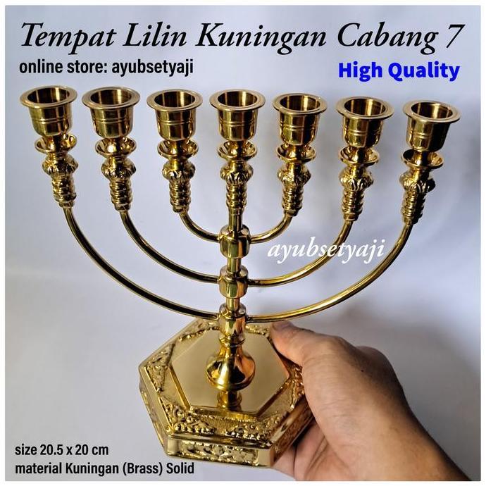 Tempat Lilin Kuningan Cabang 7 MENORAH Brass Wadah Datar Kaki Dian ALTAR ANTIQUE BRASS Gold Candle C