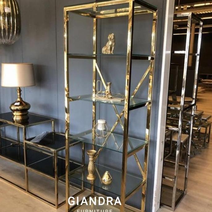 Terlaris Rak Hiasan Stainless,Rak Buku Stainless Gold Kombinasi Kaca