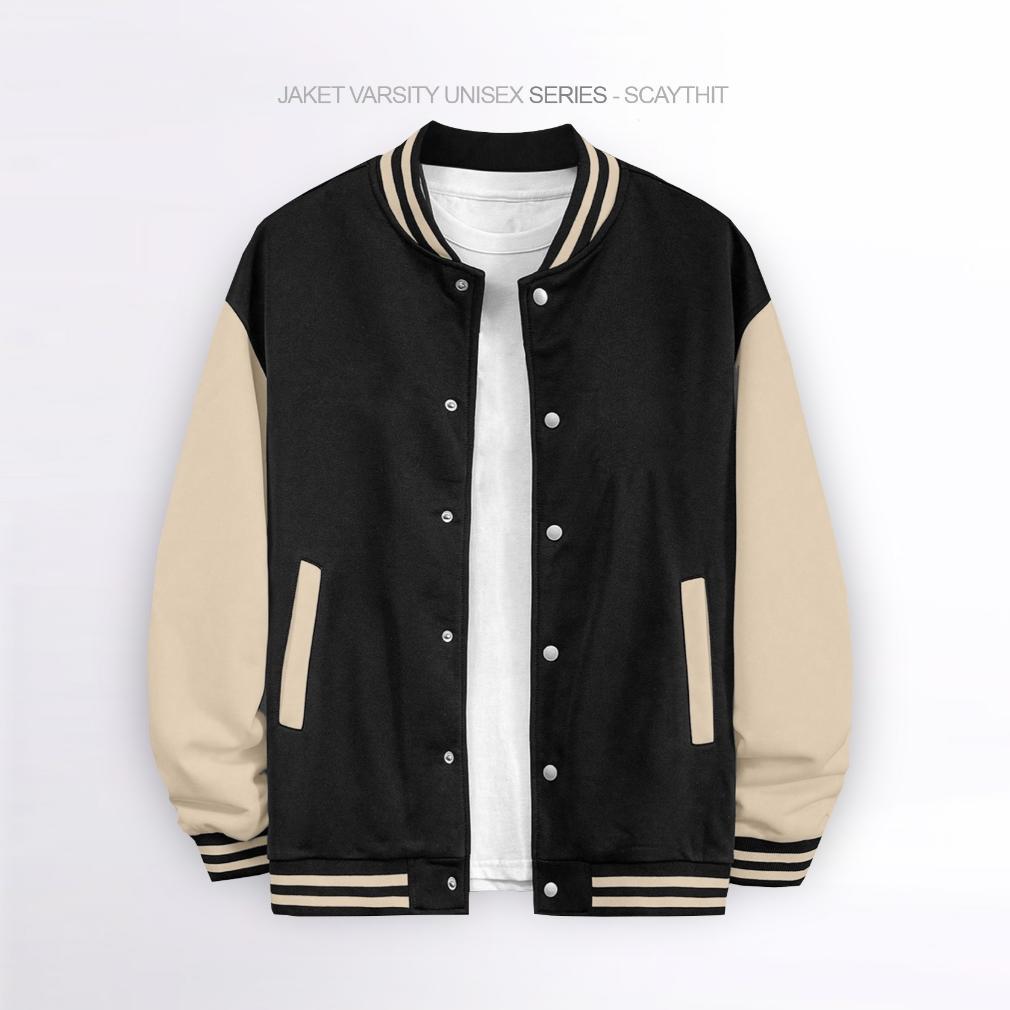 Scaythit - Jaket Varsity Polos Hitam Cream Unisex ( Pria - Wanita ) Remaja Dewasa