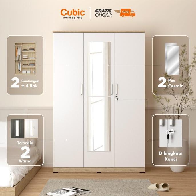 Terlaris Cubic Lemari Pakaian Cermin Minimalis 3 Pintu - Luna Lp 3P