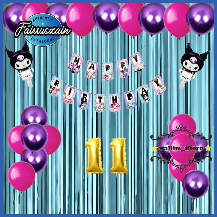 fairruszain Set Dekorasi Pesta Ulang Tahun Anak Banner Happy Birthday Kuromi Balon Latek Ungu Pink T