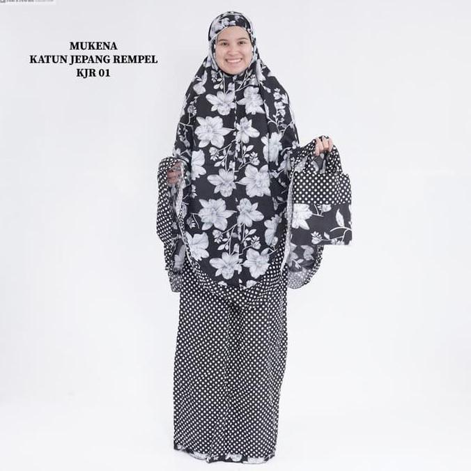 Mukena Katun Jepang Rempel Terbaru Bunga Putih Polkadot Hitam Terlaris