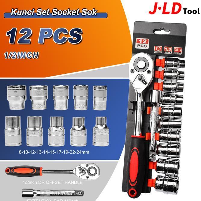 D Kunci Set Soet Sok Crv 12Pcs Kunci Sok Wrench Rachet Alat Perkakas Lengkap Motor Rachet Handle Mul