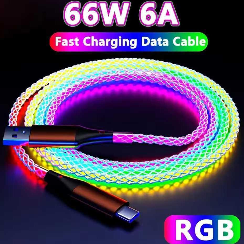 Kabel Data RGB Fast Charging USB Type C to Type C / Lightning lphone Cable Charger LED Lampu Nyala
