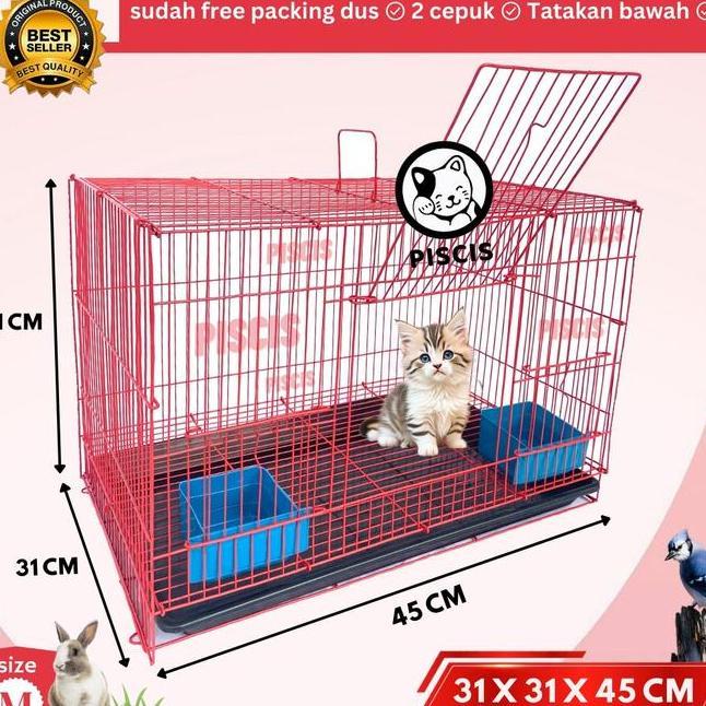 Kandang Sangkar Kucing Umbaran Burung Size M Medium Free 2 Tempat Makan 45X31X31 Kandang Besi Lipat 