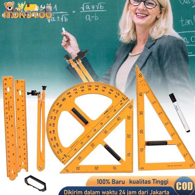 kedaiari - penggaris kayu 1 meter + set jangka busur papan tulis segitiga besar