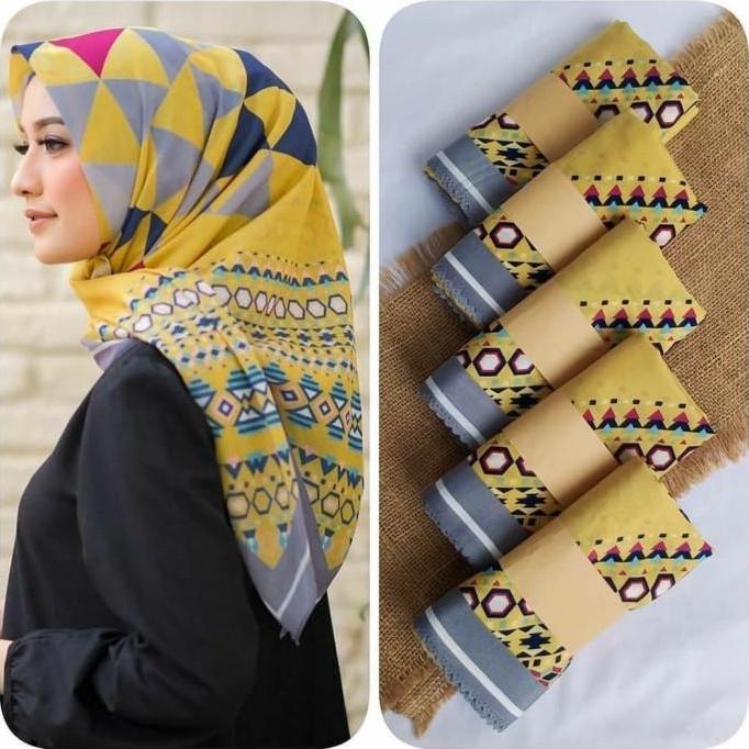 New- HIJAB SEGI EMPAT VOAL MOTIF GARIS KUNING KERUDUNG JILBAB TERBARU