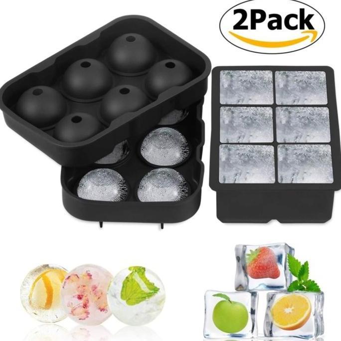 Pembuat Bola Es Kotak Ice Ball Cubic Maker Bahan Silikon 2 Cetakan Es / Pencetak Es Batu Bulat Ice B