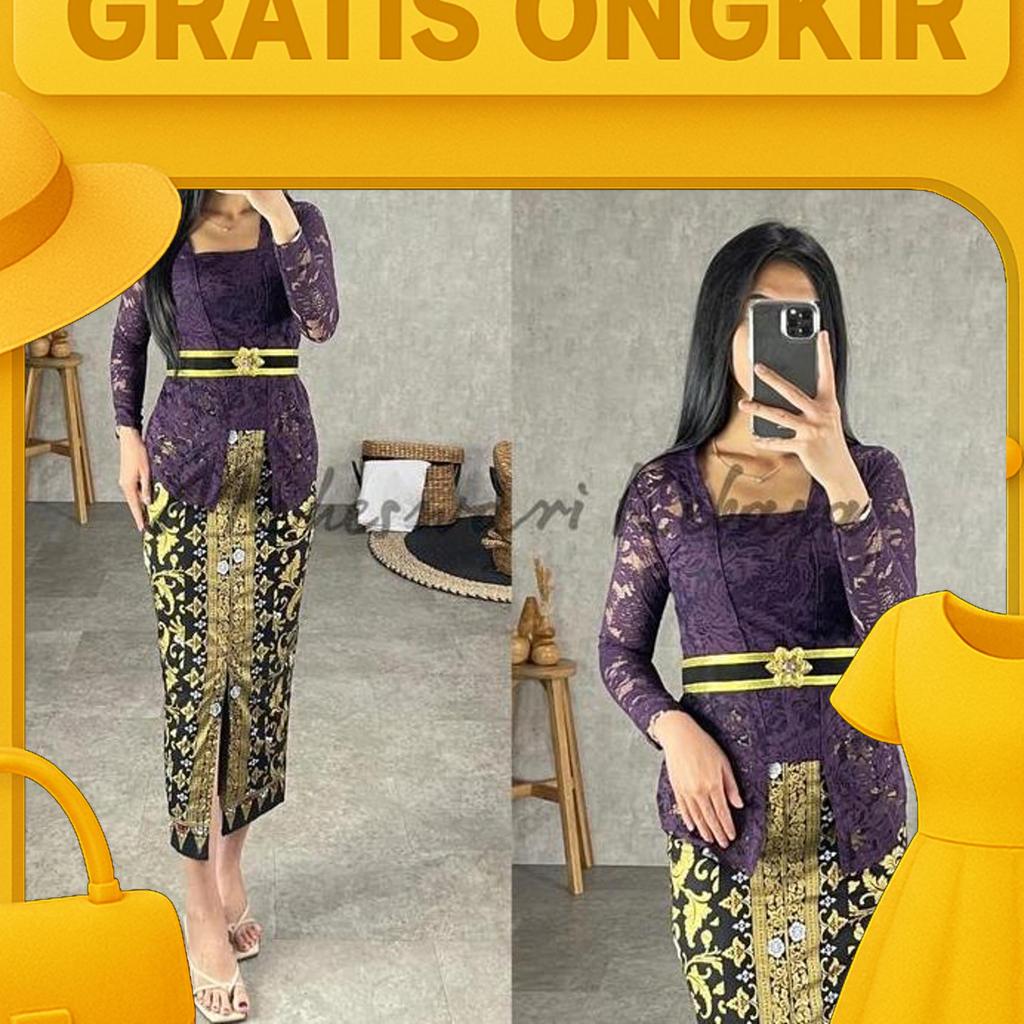 Kebaya Bali Set Brukat Panjang Ungu Juwet