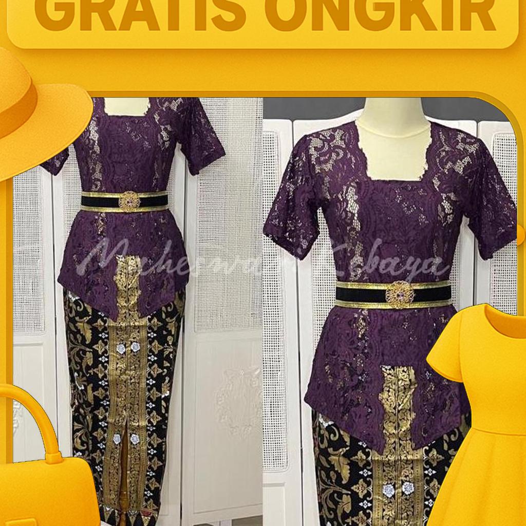 Dress Kebaya Bali Set Brukat Bianca Ungu Juwet