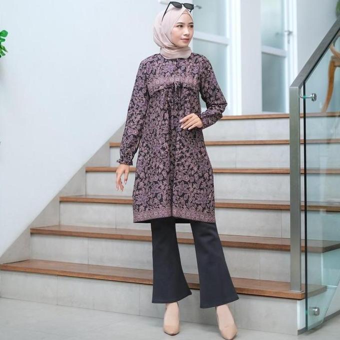 BATIK TRUSMI Tunik Batik Wanita Motif Bunga Balian Encim Katun Muslim Atasan Panjang Dress Kerja Mid