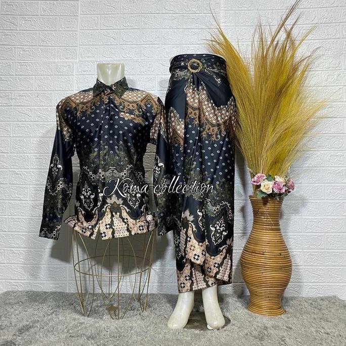 _Baju Couple Kemeja Batik pria dan Rok Lilit Motif Wayang Silver / Couple kemeja Lengan panjang kond