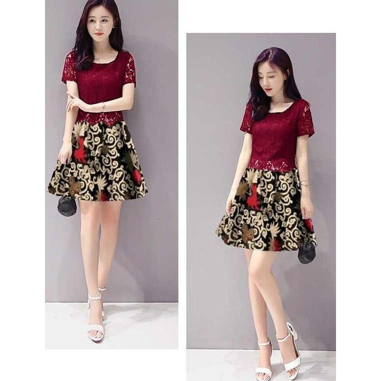 Dress Pesta Wanita Brukat Batik Polos Baju Kondangan Wanita Remaja Dewasa Motif Bunga Gaun Wanita Me