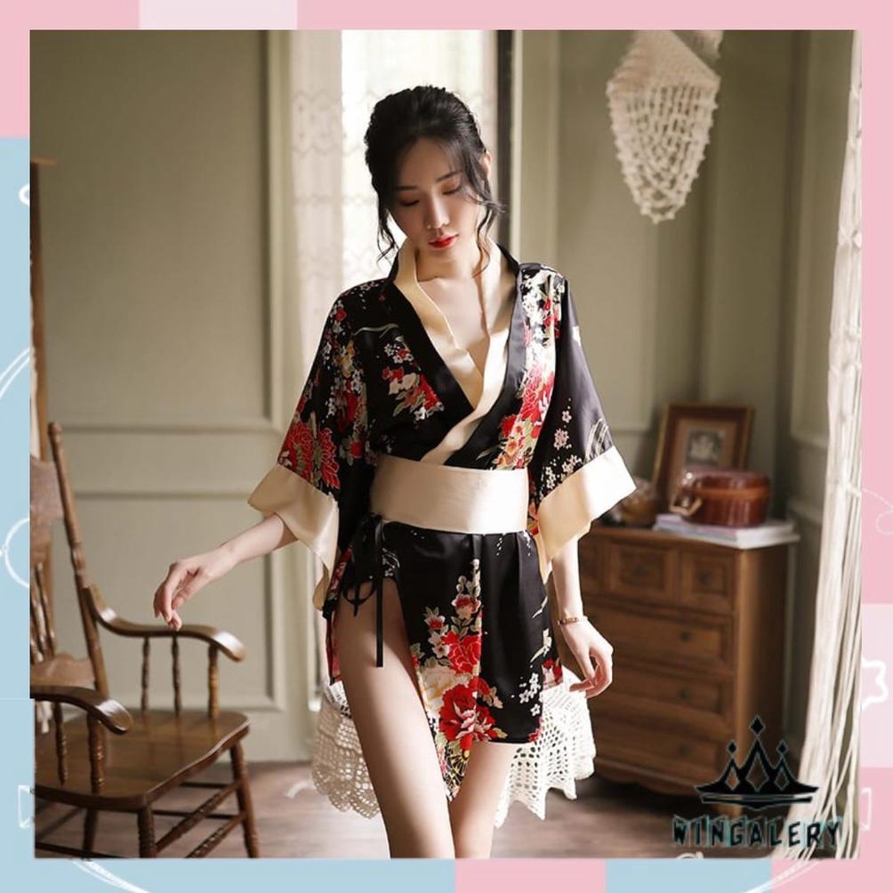 WINGALERY Kimono Jepang Cosplay Lingerie Bahan Satin Motif Bunga 3080