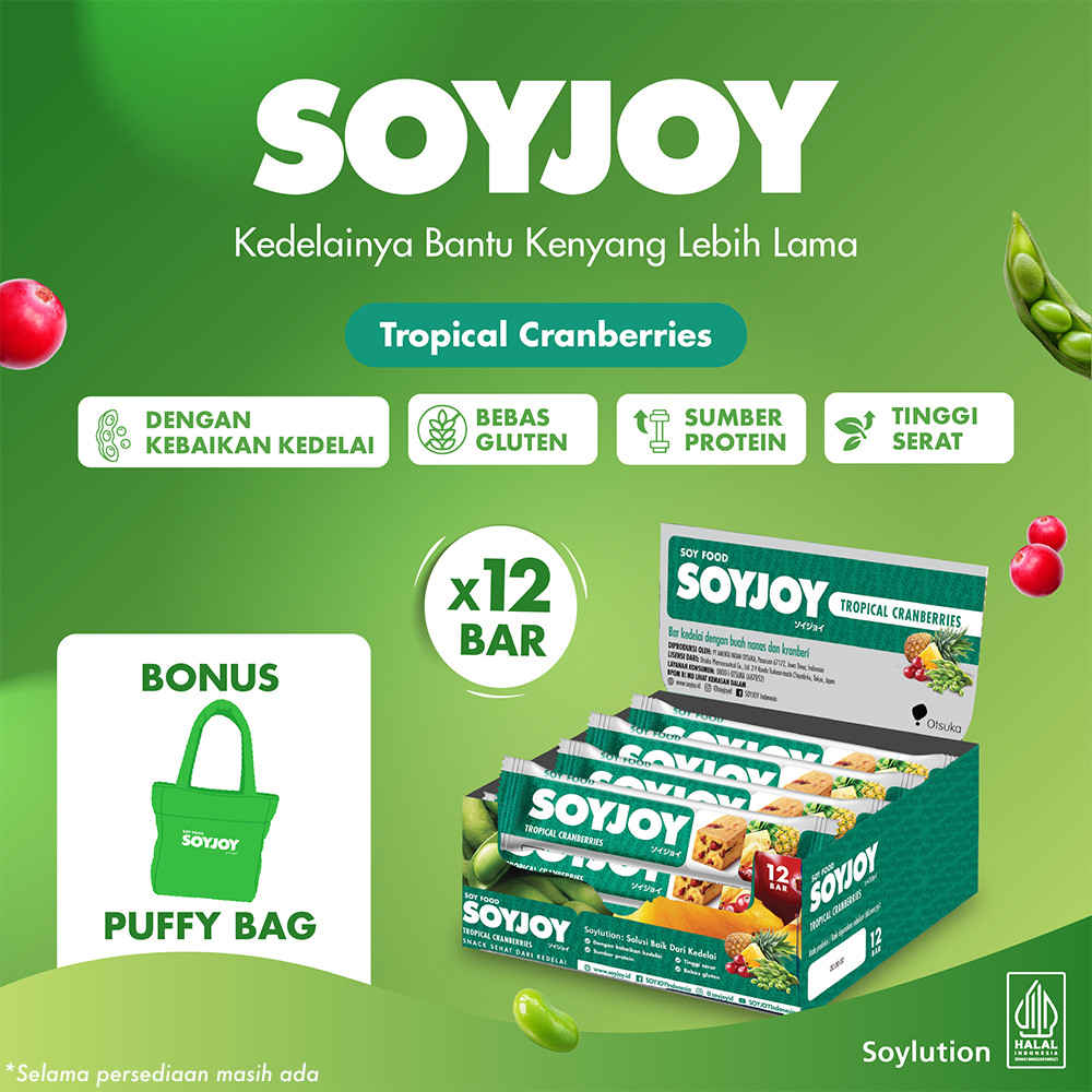 SOYJOY Snack Bar Kedelai Tropical Cranberries 12 Bar - BONUS SOYJOY Puffy Bag