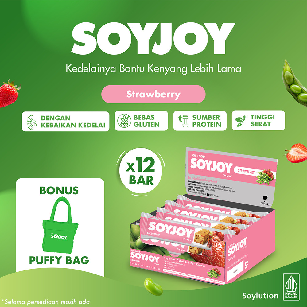 SOYJOY Snack Bar Kedelai Strawberry 12 Bar - BONUS SOYJOY Puffy Bag
