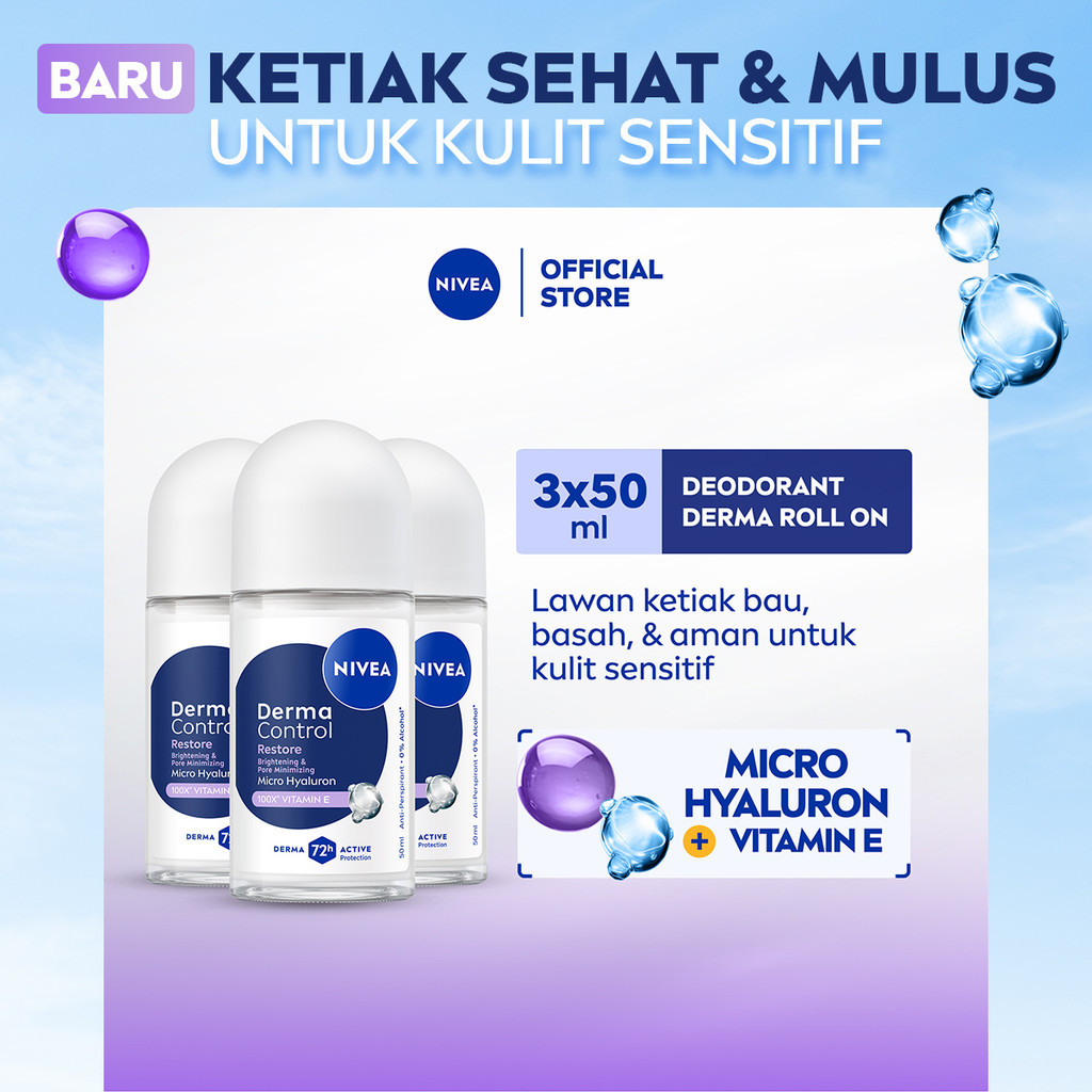 (PAKET HEMAT ISI 3) NIVEA Deodorant Roll On Derma Control Restore 50ml - Deodoran wanita skin barrie