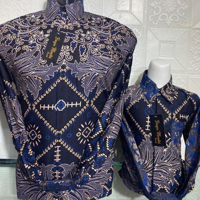 TERCOUPLE Biru Gelap Batik Katun Couple Ayah Anak Motif Flora Elegan Baju Batik Keluarga Premium Mod