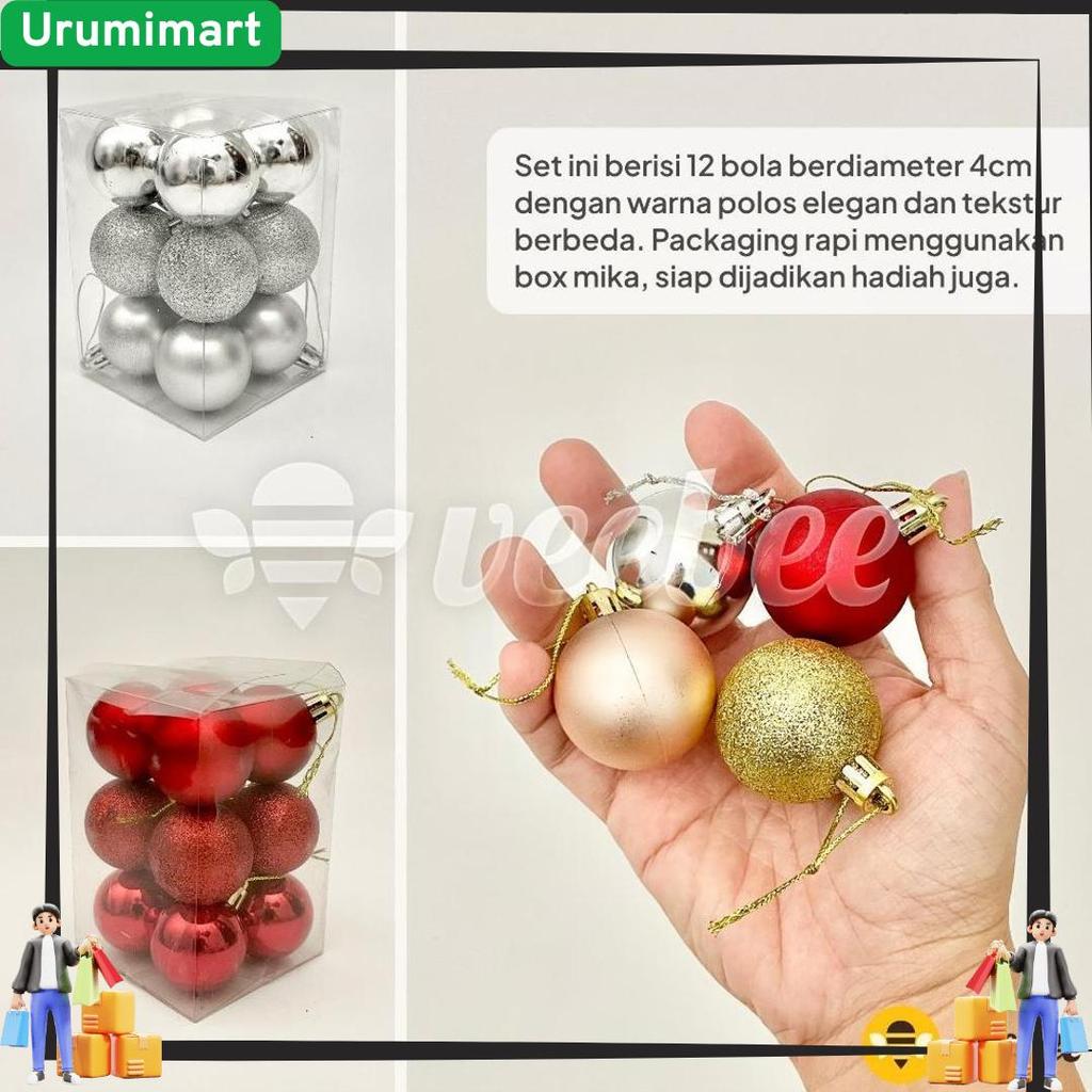 Ready Bola Natal Plastik 4cm Isi 12pcs (V24) | Hiasan Pohon Natal | Christmas Ornament | Bola Dekora