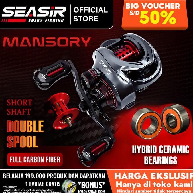 SEASIR MANSORY Reel Pancing Baitcasting, Kiri/Kanan 2 Kumparan + Gagang Pegangan Rangka Serat Karbon