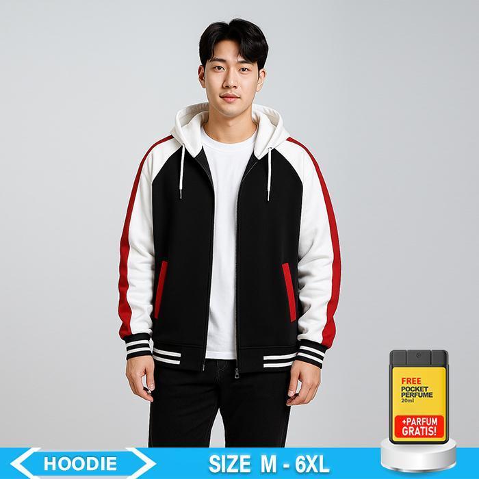 Jaket Varsity Zipper Hoodie Oversize M-6Xl Pria Wanita Unisex Tebal & Hangat Kombinasi Hitam Putih M