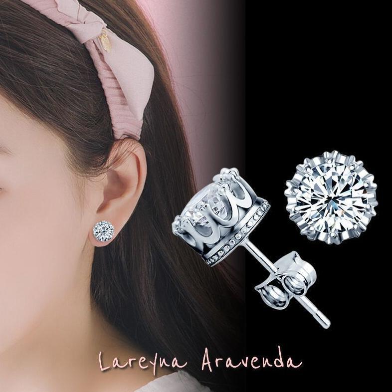 Pakaian Wanita- Anting Wanita Korea Silver S925 Motif Crown Kristal Crystal At001 - Lingerie - Baju 