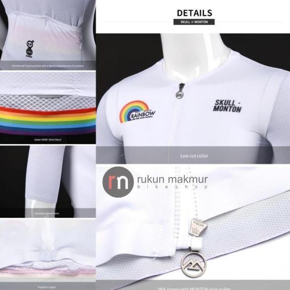 Skull Monton Men Road Cycling Jersey Ss Short Sleeve Rainbow White - Baju Sepeda Balap Roadbike Pela