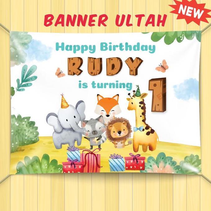 Spesial Banner Ulang Tahun Anak Safari Kebun Binatang Spanduk Custom Nama Dekorasi Pesta Ultah Anak 