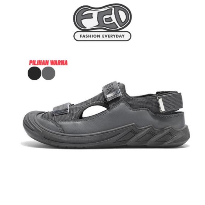 FED SANDAL PRIA OKAYAMA GREY ANTI LICIN DAN BERVENTILASI SENDAL SANTAI OUTDOOR HIKING PANTAI HITAM