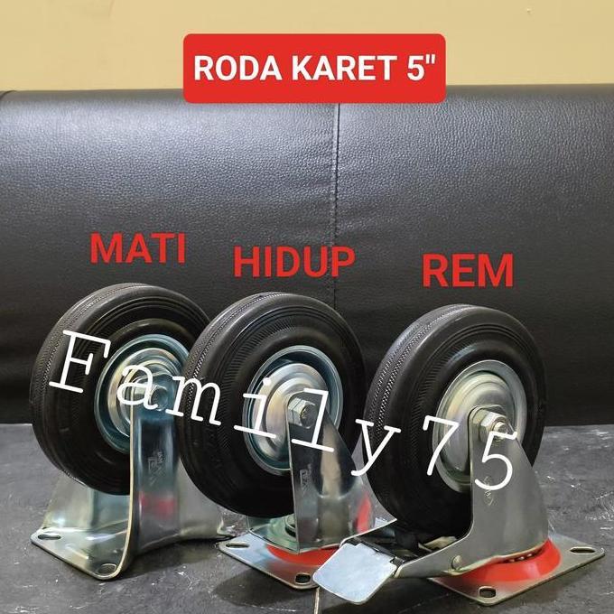 Roda troli 5 inch karet hitam Mati Hidup Rem Caster Kastor 5" Trolley