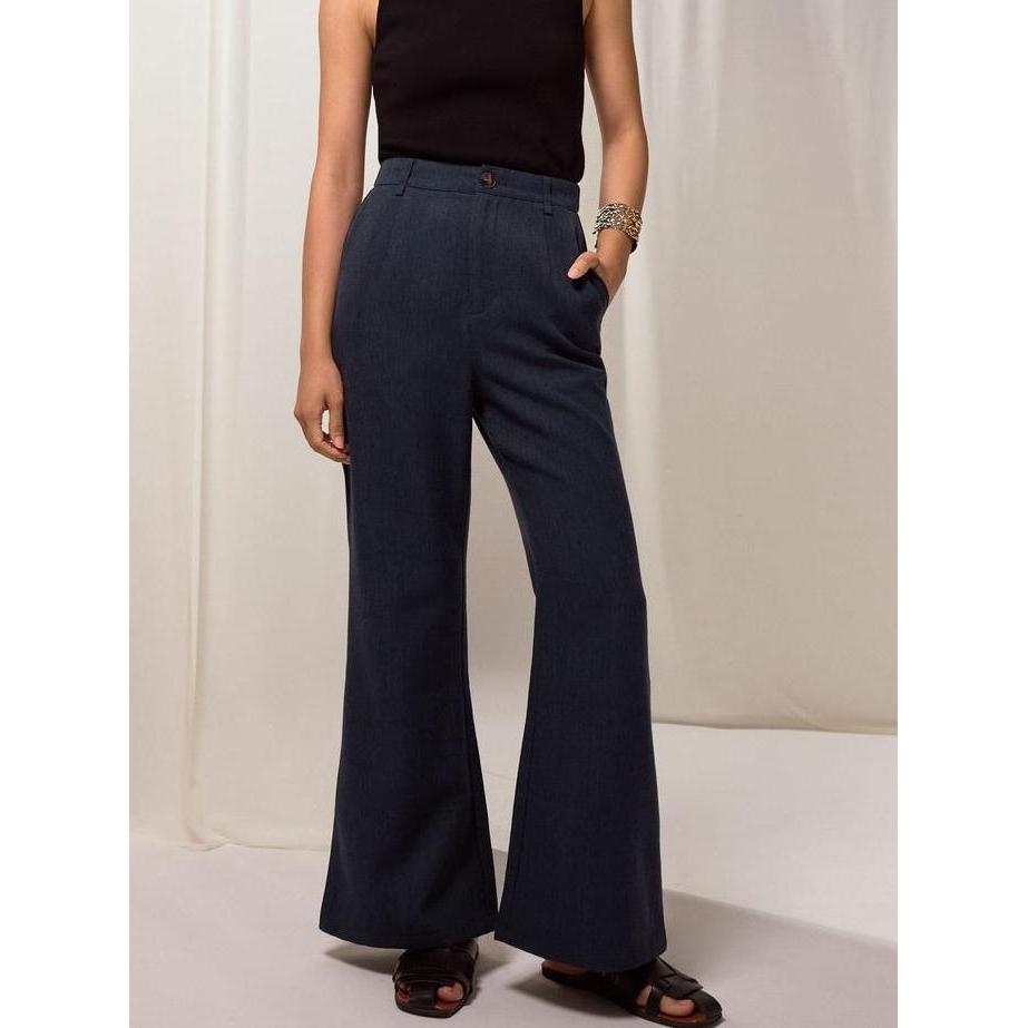 Love Bonito - Celana Panjang Wanita - PETITE Leggy Pvara Textured Flare Pants - Midnht Blue