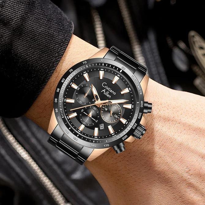 Buy 1 Get 1  Cristiano Aillen JamTangan Pria Analog 8891 Rantai Stainless Steel Chronograph Kaca Sap