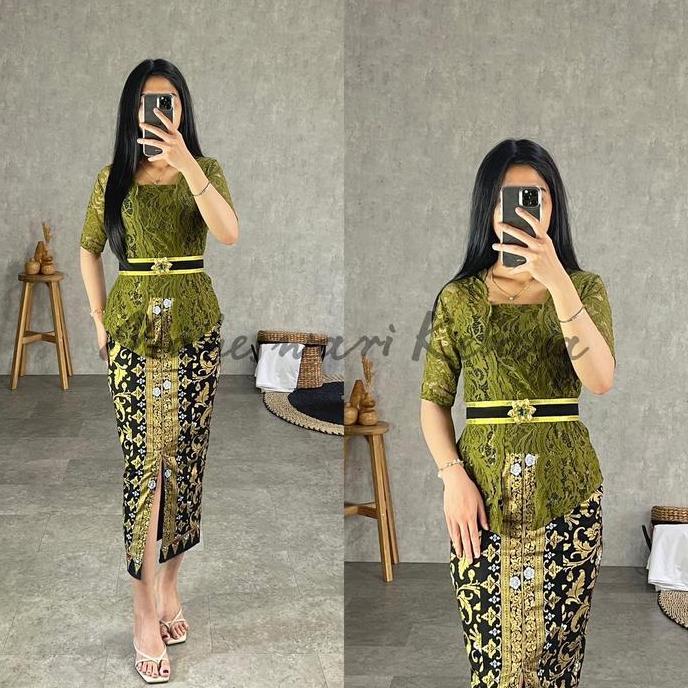 Kebaya Bali Set Brukat Bianca Hijau Army
